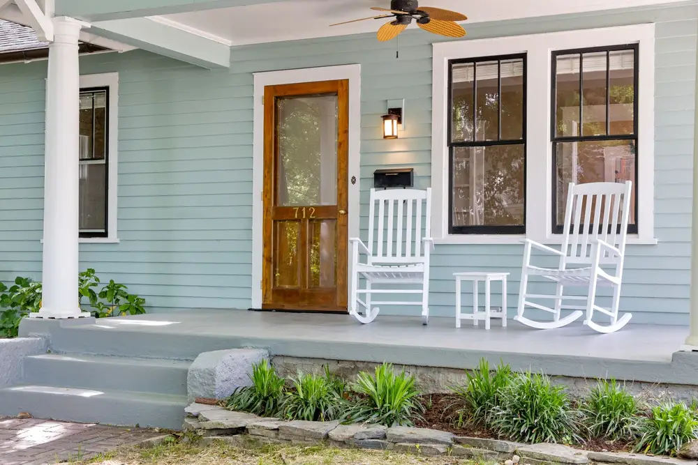 Blue bungalow, rocking-chair porch, exterior